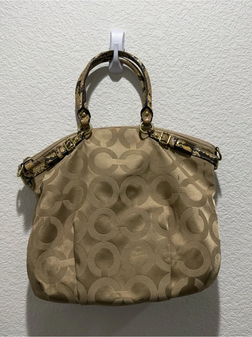 Coach Tan Signature Jacquard Tote with Snake-Accent Handles